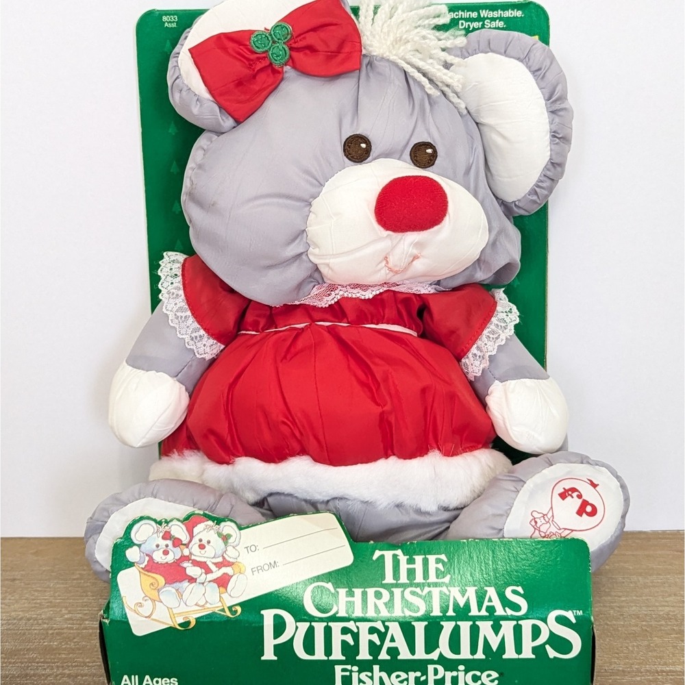 Vtg 1988 Fisher Price Puffalumps Plush Gray Christmas Mrs Claus Mouse 8034 NEW